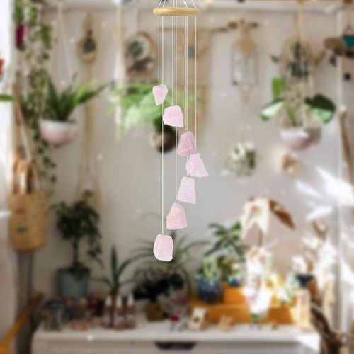Carillon éolien décoratif en pierre de quartz rose en cristal naturel, décoration décorative mobile à suspendre pour intérieur, extérieur, chambre à coucher, salon, jardin, terrasse, portes et fenêtres - Rose