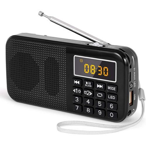 J-725 Radio Portable, Radio FM avec Batterie Rechargeable de Grande Capacité (3000mAh),avec Horloge/Alarme et éClairage de Secours,Prise en Charge MP3 / SD/USB/AUX