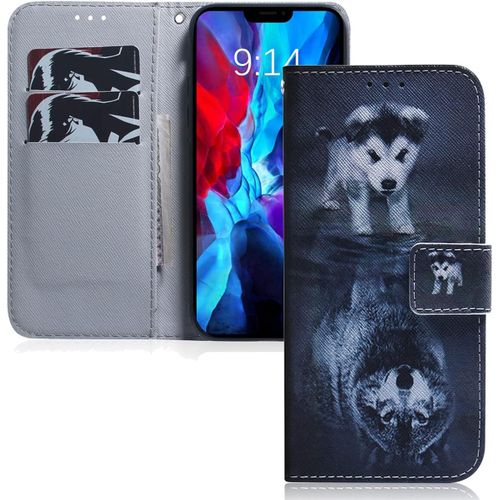 Cuir Premium Coque Pour Huawei Y6p, Durable Leger Classique Concu Etui En Pu Cuir Portefeuille Etui Housse Pour Huawei Y6p. Ef Wolf Dog