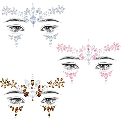 7pcs Butterfly Face Art & Tattoo Stickers-Papillon,Autocollants Amovibles Pour Le Visage,Tatouages ¿¿Temporaires,Peinture Faciale Pailletée (Pierres Scintillantes Visage-3pcs-B) 