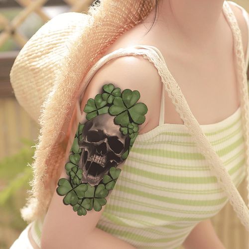 Hommes Femmes Tatouage Temporaire-Vert,Pack 5,Demi Bras Crâne Trèfle À Quatre Feuilles Autocollant Tatouage,Adultes Clavicule Épaule Cou Simulation Étanche Tatouages 