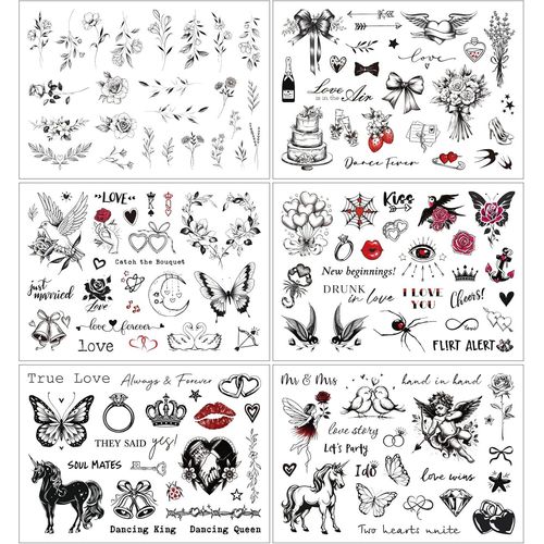 6feuilles Tatouages Temporaires Mariée Mariage Faux Autocollants Noir Rouge Feuille Gâteau Ange Papillon Lèvres N?Uds C?Ur Oiseau Anneau Tattoos Étanche Accessoire Décoration Pour Fête Mariage Evjf