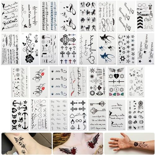 (30 Feuilles) Tatouages Temporaires Pour Femme Homme Enfants,Imperméables Faux Tatouages Body Art Autocollants De Tatouage Noir Bras Poignet Tatouages Tattoo 