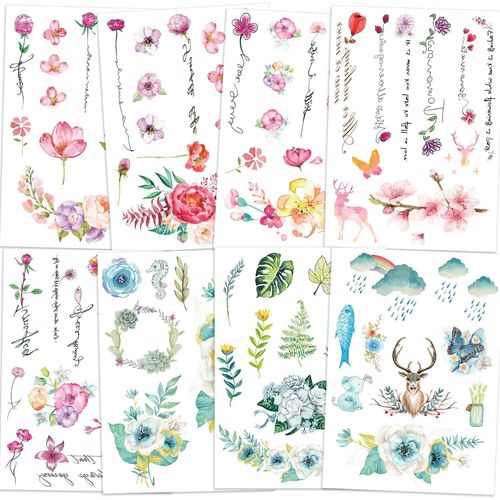 Fleurs Tatouages Temporaires Pour Femmes Filles Enfants,8 Feuilles Étanche Réaliste Bras Fleur Rose Tatouage Autocollant Main Cou Poignet Décoration -Fleur Oiseau Cerf