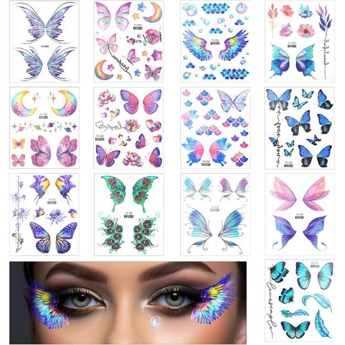 13 Pièces Tatoo Temporaire Papillon Femme Tatouage Paillettes Visage Festival Faux Tatouage Papillon Imperméable Pour Maquillage Festival De Fête Décoration Corporelle Féerique À Paillettes 