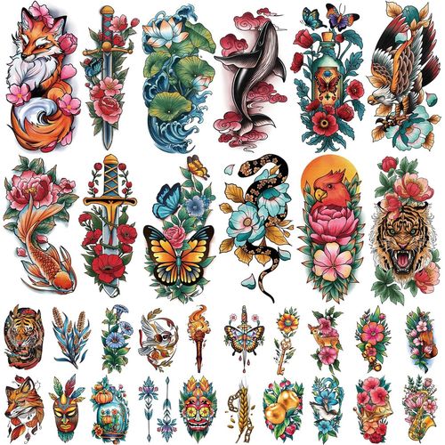 77 Feuilles Tatouages Temporaires Adultes Enfants Old School Crâne Tigre Épée Chat Aigle Serpent Fleur De Lotus Papillon Demi-Bras Réaliste Faux Tatouages Autocollants Pour Femmes Hommes 