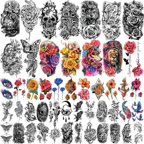 49 Feuilles Noir Demi Manches Tatouage Temporaire Étanche Pour Hommes Et Femmes Adultes,Faux Autocollants De Tatouage Animal Fleur 3d Pour Adolescentes Corps Main Épaule Menton Cou 