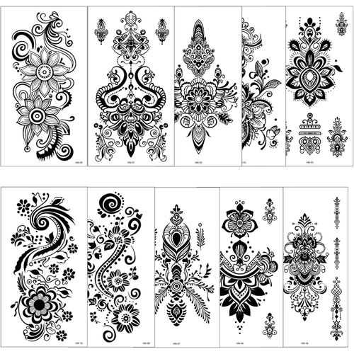10 Feuilles Fleur Motif Grand Noir Faux Tatouages Temporaires,Dentelle Indienne Body Art Tatouage Autocollants Pour Les Femmes Filles Cou Bras Poitrine Jambes Accessoires De Mariage 
