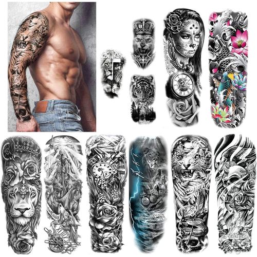 Extra Large Temporaire Tatouages 8 Feuilles Bras Complet Faux Tatouages Et 3 Feuilles Demi Bras Tatouage Autocollants Pour Hommes Et Femmes Adultes,Guerrier Loup Lion Tigre 