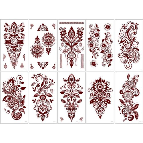 10 Feuilles Marron Rouge Tatouages Temporaires,Extra Large Imperméable Sexy Fleurs Motif Indien Dentelle Body Art Tatouage Autocollants Pour Femmes Filles Cou Bras Poitrine Jambes 