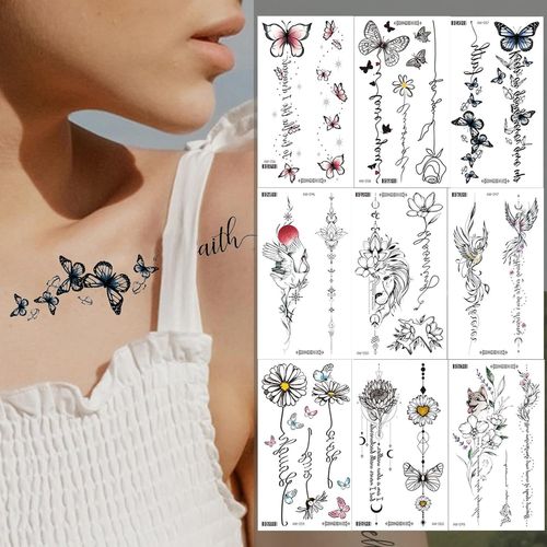 30 Feuilles Noir Réaliste Tatouages Temporaires Pour Femmes Filles 95 + Grande Taille Vintage Soleil Lune Roses Papillon Plume Dessins Corps Art Tatouage Autocollants Pour Cou Bras Mains 