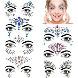 Strass Autocollant Visage,Bijoux Visage Festival Tatouage Temporaire Strass Visage Bindi Bijoux Adhesif Pour Femme,Cristaux Festival Rave Glitter,7 Feuilles 