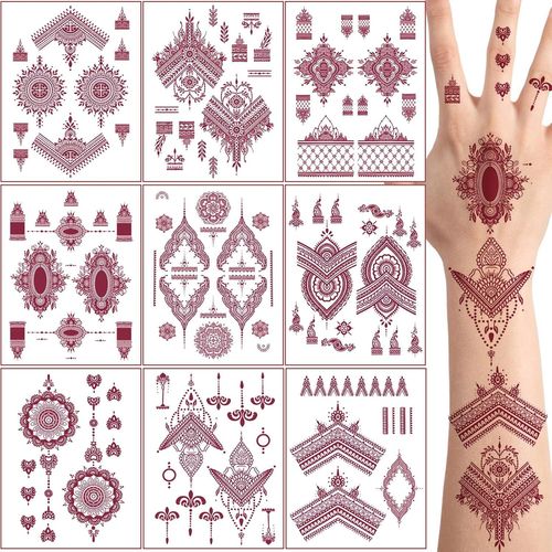 9 Feuilles Marron Rouge Tatouages Temporaires,Extra Large Imperméable Sexy Fleurs Motif Indien Dentelle Body Art Tatouage Autocollants Pour Femmes Filles Cou Bras Poitrine Jambes 