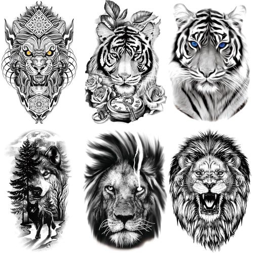 6 Feuilles Tatouages Temporaires,Faux Tatouage Homme Femme 21 X 15 Cm,Tatouage Tigre Lion Loup,Tatouage Autocollant 3d Imperméables,Tatouage Pour Cou Torse Bras Dos Cuisse Corps Poitrine 