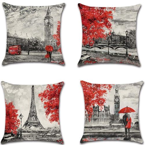 Hirola Lot De 4 Housses De Coussin Douces Motif Amour, Couleur Noir Et Rouge, Tour Eiffel Et Big Ben, 45,7 X 45,7 Cm, Style Rural, Décoration D'intérieur, Cadeau De Pendaison De Crémaillère (A0001)
