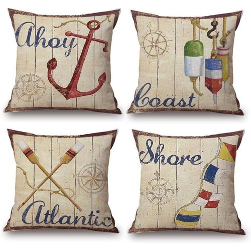Hirola Housses De Coussin Douces 45 X 45 Cm, Lot De 4 Housses De Coussin En Polyester, Décorations, Outils Nautiques, Thème Bord De Mer, Pour Canapé, Jardin Extérieur, Lit, Canapé, Voiture (45,7 X 45,7 Cm)
