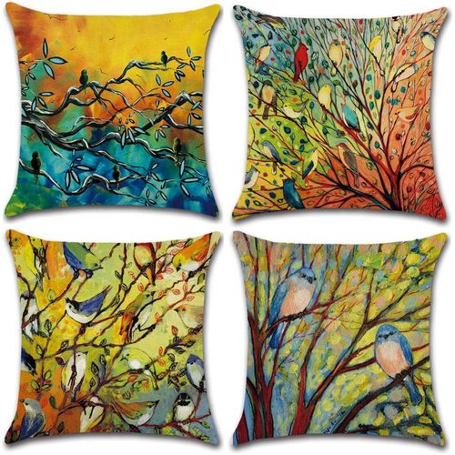 Hirola Lot De 4 Housses De Coussin En Mélange De Polyester Doux, Soyeux Et Durable, 45 X 45 Cm, Housses De Coussin Décoratives Pour La Maison, La Voiture, Pour Canapé-Lit (Oiseaux Multicolores)