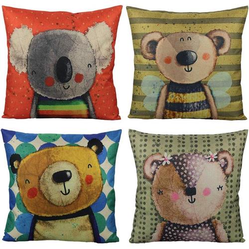 Hirola Lot De 4 Housses De Coussin Décoratives En Carton Doux, Soyeux Et Durables Pour Enfants, Motif Animal Mignon, Ours Coloré, Koala, Décoration D'intérieur, Extérieur, Pour Chambre D'enfant, Canapé-Lit 18 X 18 Cm