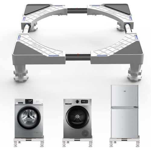 Support de Machine à Laver Base pour Frigo Lave-linge Sèche-linge 45cm-67cm Hauteur Réglable 6.5-9 cm Charge 300 kg avec l'Effet de Réduiction du Bruit 4 pieds en PP acier inoxydable