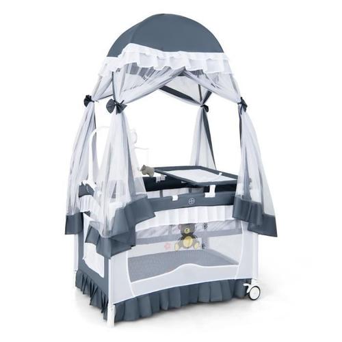 Costway Lit Parapluie Bébé Pliant 4 En 1 Lit De Voyage Avec Matelas,Moustiquaire De Yourte,Table À Langer, Porte-Couche Et Sac Gris