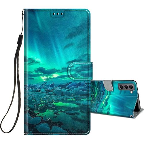Coque Pour Samsung Galaxy S22 5g Cuir A Rabat Etui Folio Portefeuille Motif Pour Filles Femme Garcons Hommes, Housse Cuir Fentes Pour Cartes Etui Antichoc 360 Degres Cover Silicone - Vert