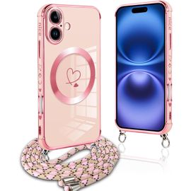 Coque Magnétique Pour Iphone 16 Plus Con Cordon, Compatible Avec Magsafe, Silicone Housse Avec Motif Coeur D'amour Réglable Collier Lanyard, Antichoc Etui Pour Iphone16 Plus 6.7"", Chaine-Ros.[V12272]