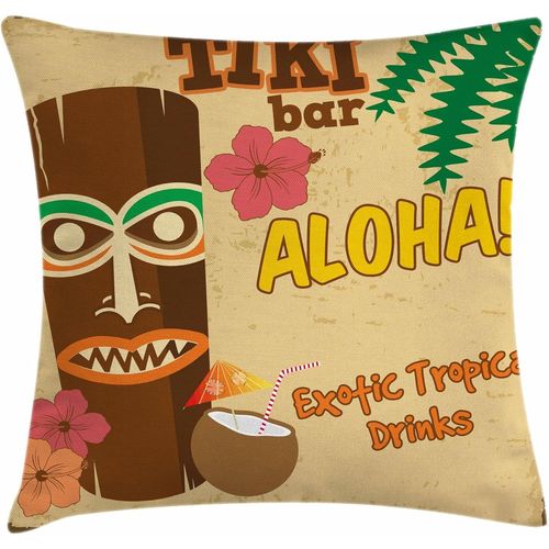 Housse De Coussin Décorative Pour Bar Tiki, Statue Polynésienne Avec Boisson Tropicale, Typographie Rétro, Flore, Design Ancien, Taie D'oreiller Décorative Carrée, 40,6 X 40,6 Cm, Multicolore