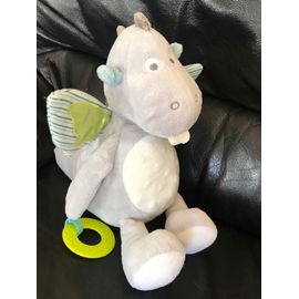 Doudou Peluche Dragon Gris Vert Ailes Bleu Rayé Blanc ,Jouet Éveil Bébé Obaibi 30cm