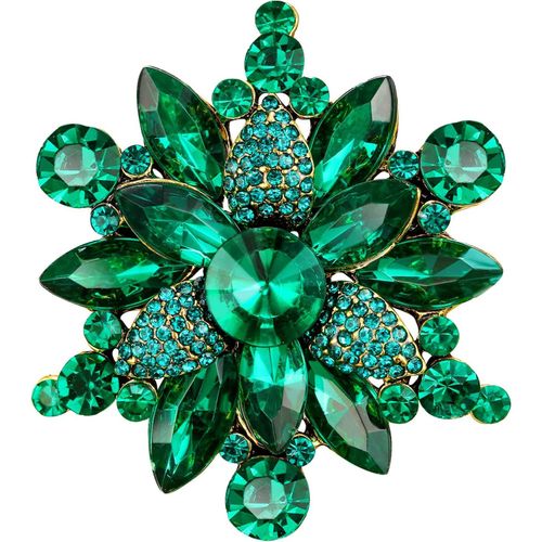 Kgabery-Broche Fleur Femme Art Déco Marquise Strass Rond Pour Vêtements Emeraude Vert Ton Antique Or