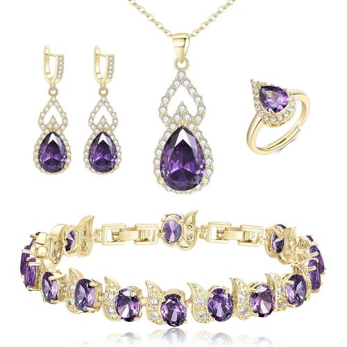 Kgabery-Parure Bijoux Mariage En Argent Goutte D'eau Zircone Cubique Collier Boucles D'oreilles Bracelet Et Ouvert Anneau Réglable 4pcs Ensemble Pour Femme Dames Rose Ton D'argent