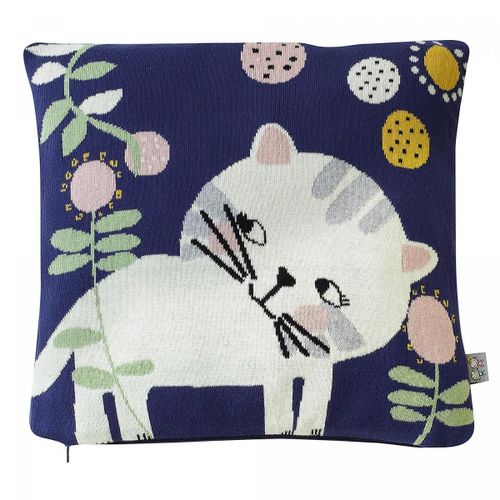 Taie De Coussin En Tricot De Coton- Chaton Bleu