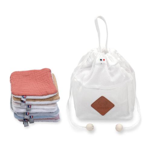 Pochon Distributeur Avec 8 Lingettes Lavables- Jeanne Uni- Blanc