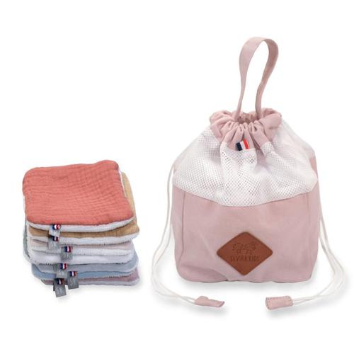 Pochon Distributeur Avec 8 Lingettes Lavables- Jeanne Uni- Rose