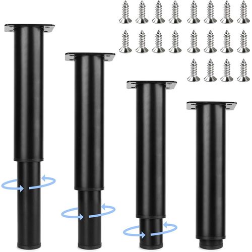Lot de 4 pieds de meubles réglables en hauteur de 18 à 30 cm - En métal noir - Hauteur réglable jusqu'à 30 cm - Pour meubles, canapé, lit, table de chevet, armoire - 20 vis