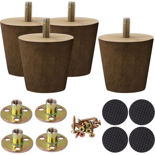 Lot de 4 pieds de meubles en bois massif - 5,1 cm - Pieds de canapé ronds en bois massif - Couleur noyer - Pieds de rechange modernes pour fauteuil, table basse et commode