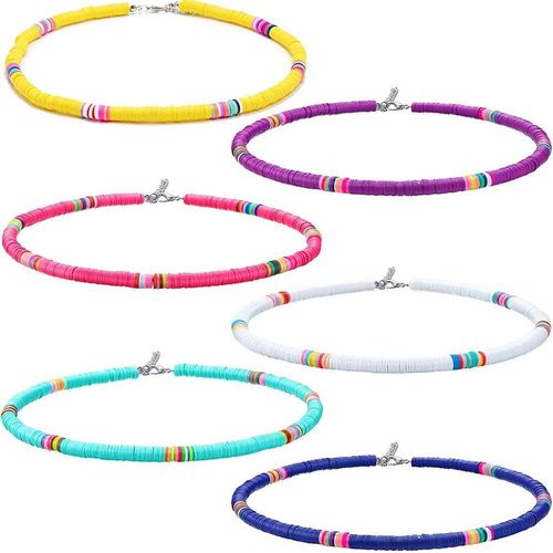 Meimieshop-Perles Ras Cou Bohème,6 Pièces Collier Surfeur,Heishi Collier De Surfeur,Coloré Perles Disques Colliers,Pour Les Plages,Les Festivals,Les Anniversaires,Les Soirées Déguisées(6mm)