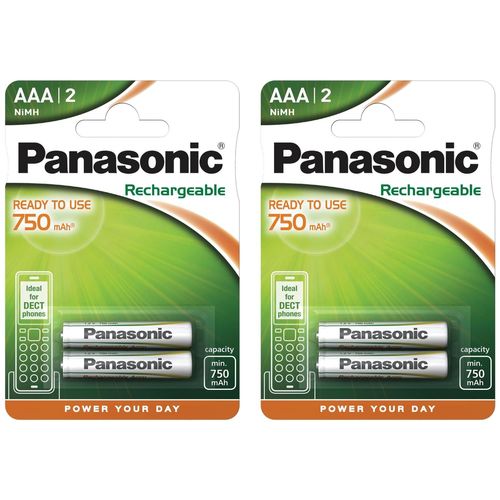 Panasonic Lot de 2 Blisters de 2 Piles Rechargeable DECT AAA (Micro)/HR03 750 mAh 1,2V