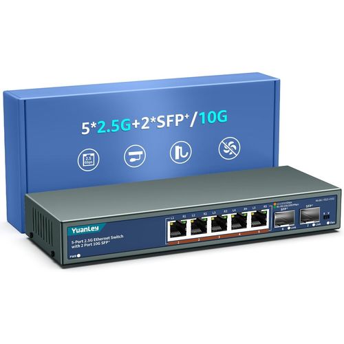 meimieshop-7 Port 2.5G Switch Ethernet Umanaged,5 X 2.5G Base-T Ports,2 X 10G Sfp,Métal,Sans Ventilateur,Commutateur Réseau 10/100/1000M/2.5Gbe Pour Ap Sans Fil,Nas,Pc,Montage Mural
