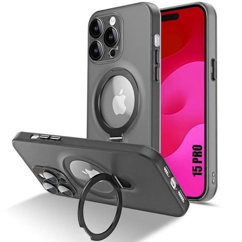 Coque Pour Iphone 15 Pro, Protection Antichoc Rigide Avec Support Anneau Magnétique Et Protection Caméra - Semi-Transparent Noir - E.F.Connection