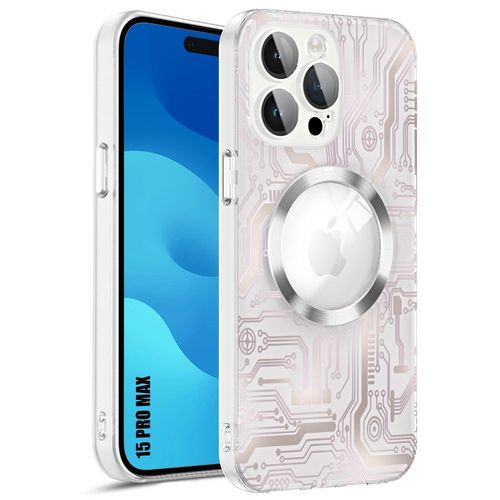 Coque Pour Iphone 15 Pro Max Avec Cercle Magnétique Et Protection Caméra Vitre, Coque Rigide Semi-Transparent Motif Circuit - E.F.Connection