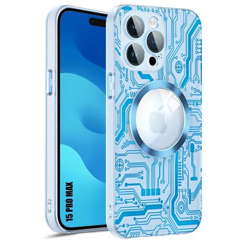 Coque Pour Iphone 15 Pro Max - Translucide Antichoc Avec Cercle Magnétique Et Protection Caméra Arrière - Motif Circuit Bleu Imprimé - E.F.Connection