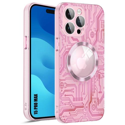 Coque Pour Iphone 15 Pro Max Avec Cercle Magnétique Et Protection Caméra, Antichoc Rigide Translucide Rose - Motif Circuit Imprimé - E.F.Connection