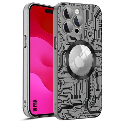 Coque Pour Iphone 15 Pro Avec Cercle Magnétique Et Protection Caméra, Antichoc Rigide Translucide - Motif Circuit Noir Imprimé - E.F.Connection