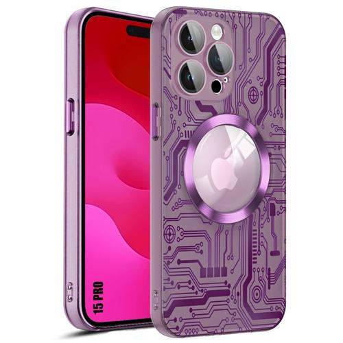 Coque Pour Iphone 15 Pro Avec Cercle Magnétique Et Protection Caméra Vitre, Coque Rigide Semi-Transparent Violet Motif Circuit - E.F.Connection