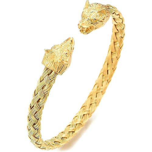 Meimieshop-Ockyunoo Bracelet Tête De Loup,Torsadé Bracelet Pour Hommes,Bracelet Jonc De Style Ancien Dragon,Inoxydable Bracelet Tête De Loup,Réglable Bracelet,Pour Les Poignets Assortis Pour Hommes(Or)