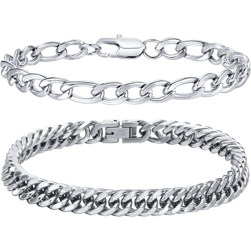 Meimieshop-2pcs Bracelets Hommes Acier Inoxydable : Chaîne Gourmette Homme 19-21cm Argent Noir Rappeur Hip Hop Chaîne Cubaine Mode Cadeaux Pour Femmes Fils Papa Le Mari