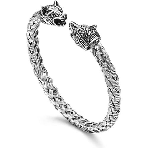 Meimieshop-Bracelet Tête De Loup,Torsadé Bracelet Pour Hommes,Bracelet Jonc De Style Ancien Dragon,Inoxydable Bracelet Tête De Loup,Réglable Bracelet,Pour Les Poignets Assortis Pour Hommes(Argent)