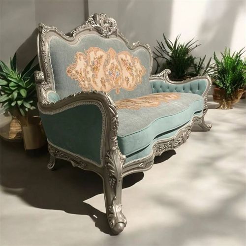 Salon Complet Louis Xv Bleu Clair – Bois Sculpté Et Capitonnage Luxueux
