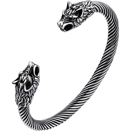 Meimieshop-Bracelet Viking Homme,Bracelets Tête De Loup Fenrir/Corbeau/Dragon,Acier Inoxydable/Noir,Jonc Ouverte,Bijoux Nordique Gothique(Boîte Cadeau)