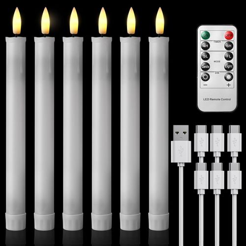 meimieshop-Lot De 6 Bougies Longues Led Vacillantes Sans Flamme Avec Télécommande,Bougies De Fenêtre Led Rechargeable 22 Cm Blanc,Décoration Pour Noël Mariage Fêtes Banquets